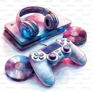 Puede incluir: Ilustración en acuarela de equipo de juego, que incluye una consola, auriculares, un mando y dos discos. Los elementos están representados en tonos de azul, morado y rosa, creando una estética moderna y artística.