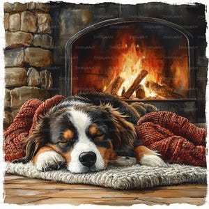 May include: A watercolour painting shows a dog asleep before a fireplace. The dog, with black, brown, and white fur, lies on a rug, covered by a red knitted blanket. A warm fire burns in the hearth.