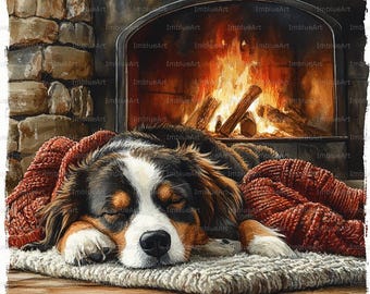 23 Sleeping Dog by Fireplace Clipart, Cozy Dog Sleeping Warm Home Scene Watercolor, Printable JPG 300 DPI, Scrapbook, Junk Journal