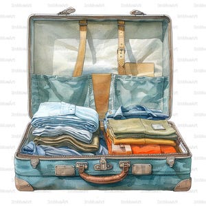 Puede incluir: Ilustración en acuarela de una maleta vintage abierta llena de ropa doblada. La maleta es de color verde azulado con detalles y correas de cuero marrón. En el interior, se ven camisas y pantalones apilados en varios colores, lo que sugiere un viaje.