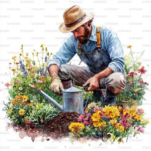 Può includere: Illustrazione ad acquerello di un giardiniere che si prende cura di un'aiuola fiorita. Il giardiniere, con cappello, camicia blu e tuta, si inginocchia per innaffiare i fiori con un annaffiatoio di metallo. La scena è piena di fiori colorati.