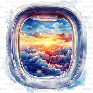 May include: A watercolour painting depicting a sunset seen through an aircraft window. The sky is filled with clouds in shades of blue, orange, and yellow. The window frame is silver with a red trim.