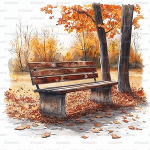 May include: Watercolor painting of a park scene in autumn. A wooden bench sits in front of two trees with brown trunks. The trees have orange leaves. Fallen leaves cover the ground, and other trees are in the background.