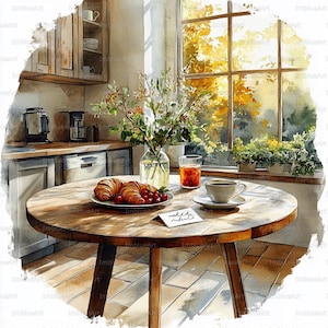 May include: Watercolor painting of a kitchen scene with a round wooden table set for breakfast. A plate of croissants and cherries sits next to a cup of coffee and a glass of juice. A vase of flowers is in the center.