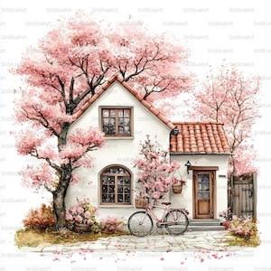 Può includere: Illustrazione ad acquerello di un'incantevole casetta bianca con tetto di tegole rosse, circondata da alberi di ciliegio in fiore rosa. Una bicicletta rosa con un cestino è davanti alla porta. L'immagine ha un'atmosfera serena e primaverile.