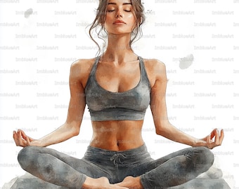 24 imágenes prediseñadas de chica de yoga, postura de yoga para mujer tranquila y saludable, arte de autocuidado consciente, acuarela imprimible JPG 300 DPI, álbum de recortes, diario basura