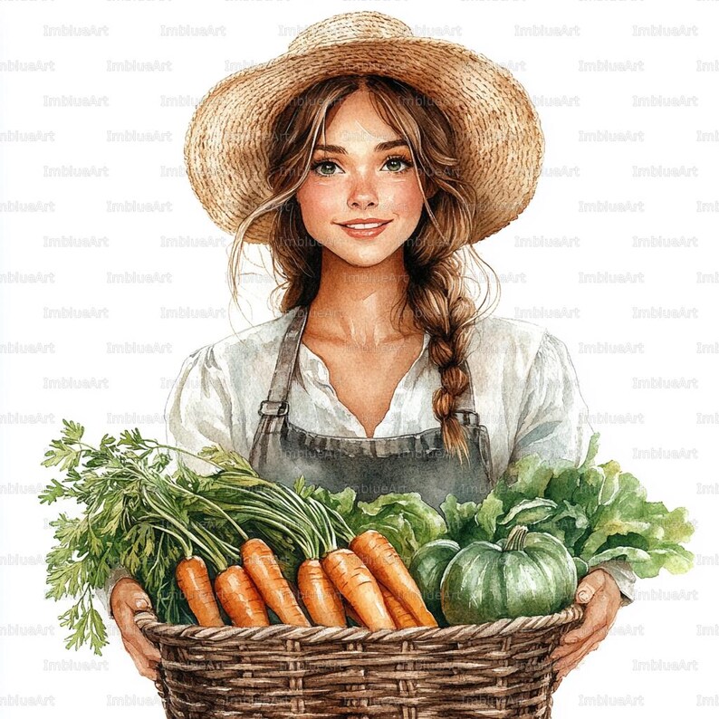 24 Farmer Woman Clipart, Woman Holding Harvest Basket Rustic Farm Scene ...