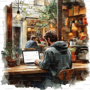 Peut inclure: Peinture à l'aquarelle d'une personne travaillant sur un ordinateur portable dans un café. La scène comprend une vue sur la fenêtre, une lampe suspendue et d'autres clients. Le style est artistique et crée une atmosphère chaleureuse.