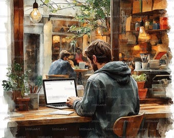 24 Remote Worker Cafe Clipart, Freelancer Working on Laptop in Coffee Shop, Watercolor Printable JPG 300 DPI, Scrapbook, Junk Journal