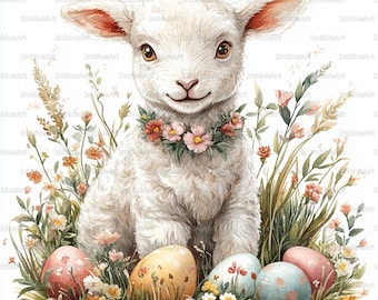 24 Easter Lamb Clipart, Cute Baby Lamb Watercolor Printable JPG 300 DPI, Spring Sheep Easter Illustration, Scrapbook, Junk Journal
