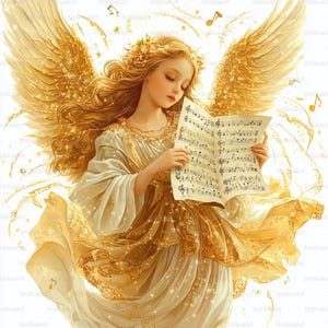 May include: A digital illustration of a golden angel with flowing blonde hair, wearing a white and gold gown. The angel is holding sheet music and surrounded by musical notes and stars. The angel has large, detailed golden wings.