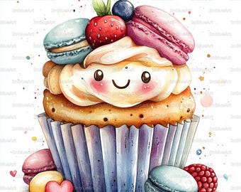 24 Dessert Clipart, Kawaii Dessert Set Cake Macarons Sweet Bakery Scene, Watercolor Printable JPG 300 DPI, Scrapbook, Junk Journal