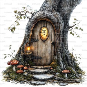 Op de afbeelding: Een illustratie van een boom met een houten deur, een ovaal raam en een brandende lantaarn. Stenen treden leiden naar de deur, met paddenstoelen en bladeren aan de basis. De boomschors is getextureerd, wat een sprookjesachtige scène creëert.
