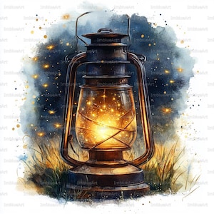 May include: Watercolour painting of a vintage lantern with a glowing interior. The lantern is dark brown with a glass enclosure, surrounded by golden light and sparkles. The background features a dark blue sky and grass.
