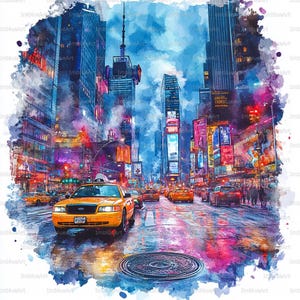 Könnte beinhalten: Aquarellmalerei einer geschäftigen Stadtstraße bei Nacht, mit gelben Taxis, beleuchteten Werbetafeln und hohen Gebäuden. Das Kunstwerk hat eine lebendige Farbpalette mit Blau-, Rot- und Gelbtönen, die die Energie des Stadtlebens einfängt.