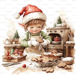 May include: Watercolor illustration of a child elf wearing a Santa hat and apron, baking gingerbread cookies. The scene includes an oven, baked goods, and Christmas decorations, evoking a festive holiday theme.