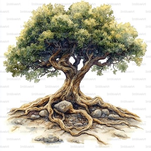 May include: A watercolour painting of a mature tree, featuring a gnarled trunk and exposed roots. The foliage is a lush green, and the roots spread across the ground. The artwork is signed "ImbluArt". The overall style is reminiscent of a botanical illustration.