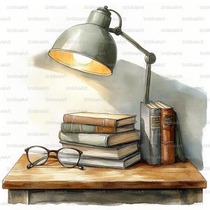 May include: Watercolor illustration of a desk with a stack of books, reading glasses, and a vintage-style desk lamp. The lamp casts a warm glow on the books. The books have various colors and sizes.