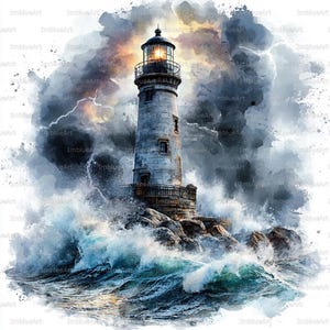 May include: Watercolor painting of a lighthouse on a rocky island, surrounded by crashing waves and a stormy sky. The lighthouse is gray with a lit lamp, and the sea is a mix of blues and greens.