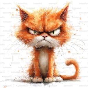 May include: A watercolour illustration of an orange cat with a grumpy expression. The cat has green eyes, a white chest, and a curled tail. The artwork features splatters of orange and brown, and the cat is sitting upright.