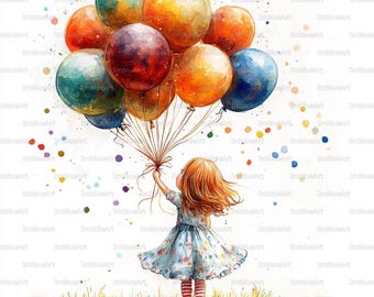 風船を持った小さな女の子のクリップアート、誕生日カードやスクラップ