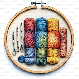 May include: A wooden embroidery hoop holds colorful spools of yarn in shades of red, blue, green, and yellow. Several embroidery needles are arranged to the left. A small ball of blue yarn is also present. The image is a watercolor illustration.