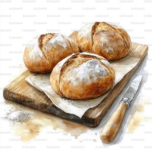 May include: Watercolor illustration of three round loaves of bread dusted with flour, resting on a wooden cutting board with a knife. A small pile of salt is next to the bread. The bread has a golden-brown crust.