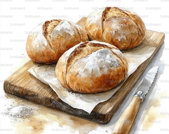 24 Homemade Bread Clipart, Rustic Fresh Bread Loaves Watercolor Printable JPG 300 DPI, Bakery Kitchen, Scrapbook, Junk Journal