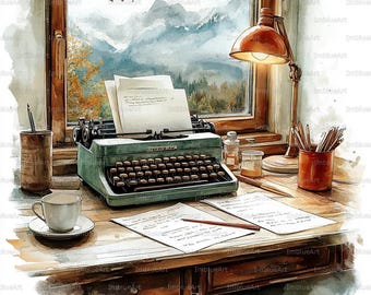 24 Writer Desk Clipart, Vintage Writing Workspace Scene, Watercolor Printable JPG 300 DPI, Scrapbook, Junk Journal
