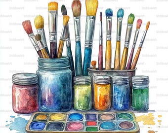 May include: Watercolor illustration of art supplies, including paintbrushes of various sizes and colors in jars and a metal container. Several small jars of paint and a palette with colorful paints are also visible.