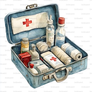 Puede incluir: Ilustración en acuarela de un botiquín azul abierto con varios suministros médicos. El botiquín incluye vendas, botellas y un símbolo de cruz roja. El botiquín está abierto, revelando su contenido.