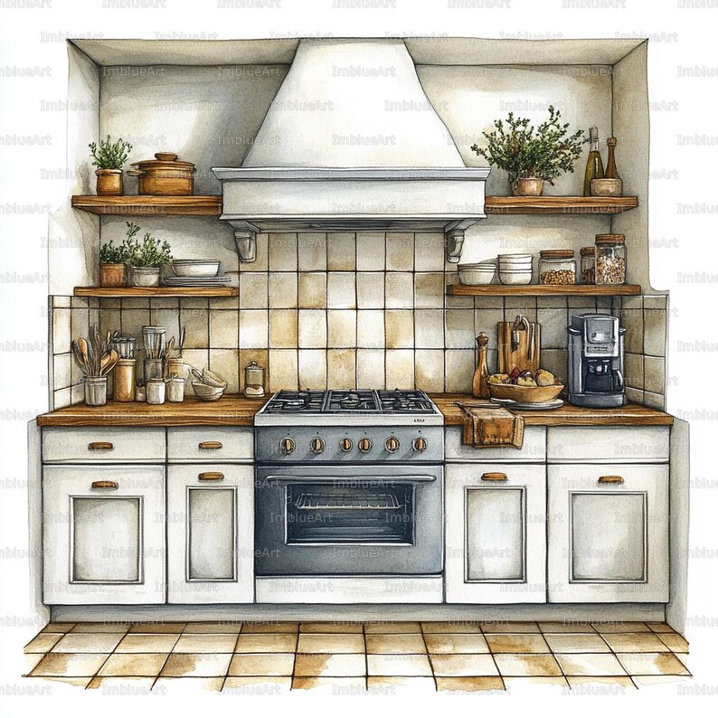 24 Kitchen Interior Clipart, Cozy Modern Kitchen Watercolor Printable ...