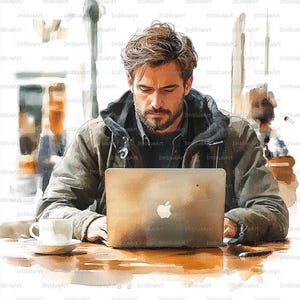 May include: Watercolour illustration of a person using a laptop with an Apple logo. The person is wearing a jacket and sitting at a table with a coffee cup and saucer. The background is blurred, suggesting a cafe setting.