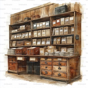 24 imágenes prediseñadas de oficina de correos vintage, escena interior de una antigua sala de correo con cartas y buzones, JPG imprimible en acuarela, álbum de recortes, diario creativo.