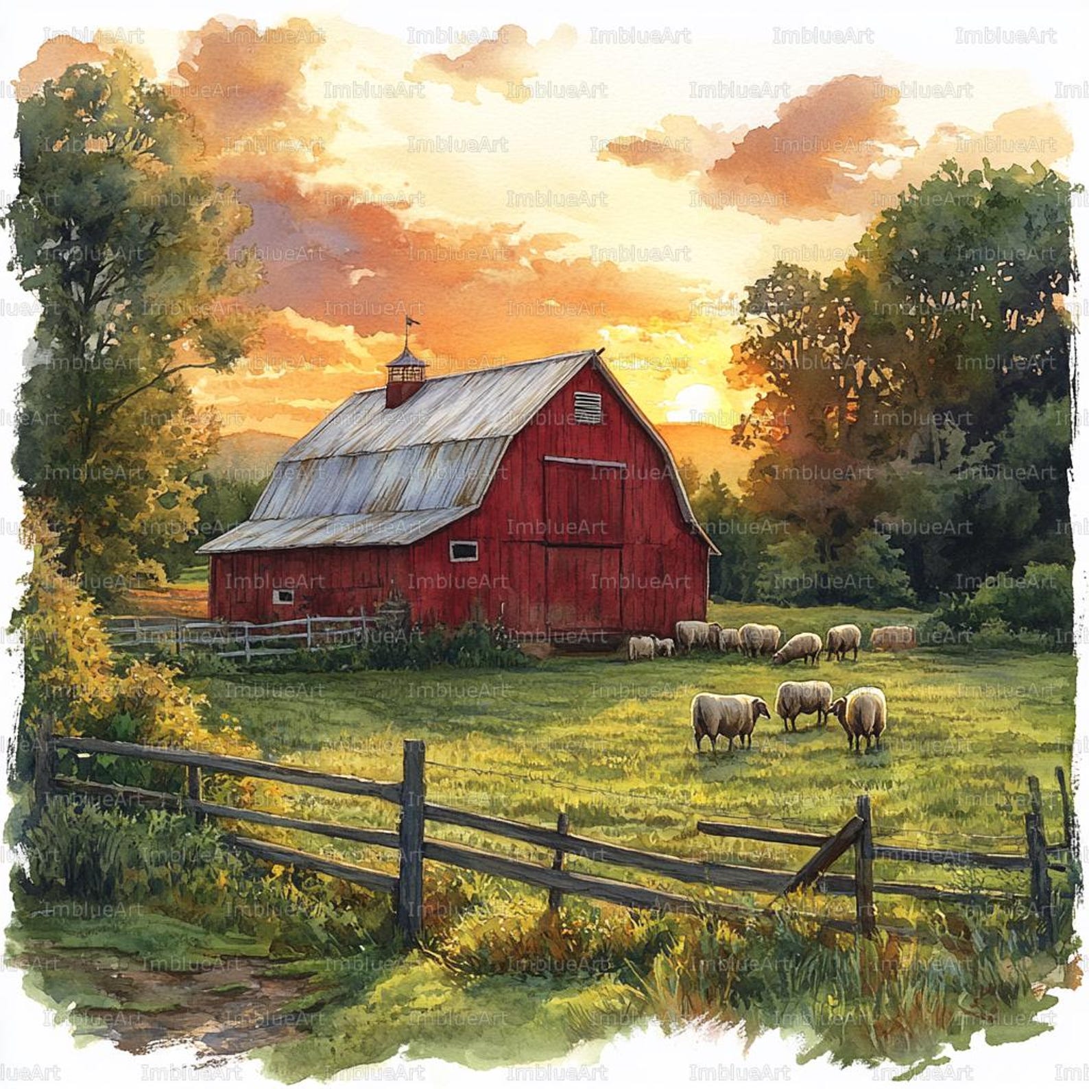 24 Farm Sunset Clipart, Peaceful Farmyard Evening Scene, Watercolor ...
