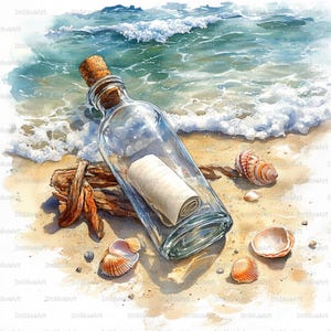May include: Watercolour painting of a message in a bottle on a sandy beach. The clear glass bottle has a cork stopper and contains a rolled-up scroll. Seashells and driftwood are scattered around the bottle, with ocean waves in the background.
