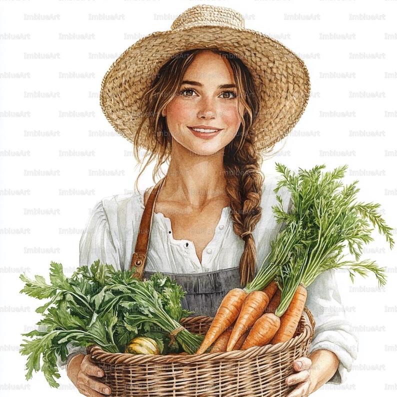 24 Farmer Woman Clipart, Woman Holding Harvest Basket Rustic Farm Scene ...