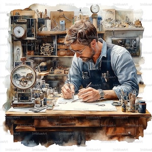 May include: Watercolor illustration of a watchmaker at work in a workshop. The scene features a man in an apron, meticulously working on a watch at a wooden desk. Various tools, clocks, and watch parts are visible, creating a detailed and artistic depiction.