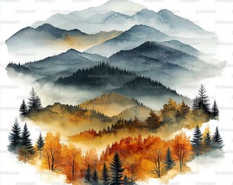 6枚の水彩画風の秋の風景イラスト、季節の工芸品や装飾に最適な秋の