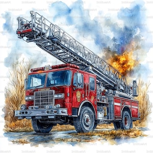 May include: A watercolour painting of a red fire engine with an extended ladder. The fire engine has chrome detailing and a fire service emblem. Smoke and flames are visible in the background, set against a blue and white sky.