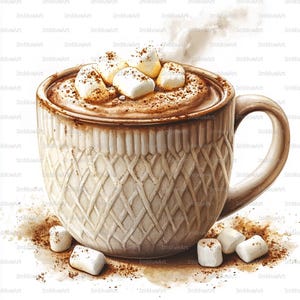 May include: A warm, inviting illustration of a mug filled with hot chocolate, topped with marshmallows and cocoa powder. The mug has a textured, cream-colored exterior with a handle. A few marshmallows and cocoa powder are scattered around the base.