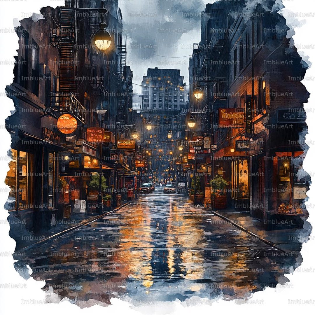 24 Rainy Street Clipart, City Street With Rain Evening Urban Scene ...