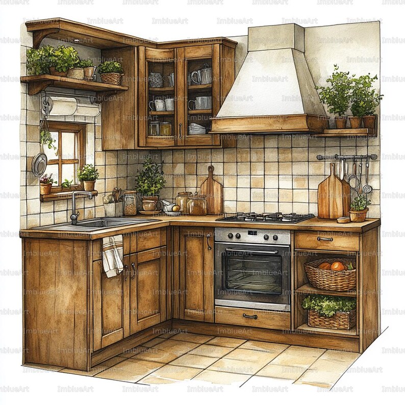 24 Kitchen Interior Clipart, Cozy Modern Kitchen Watercolor Printable ...