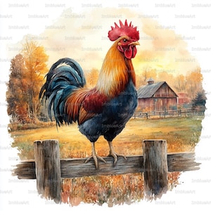 Puede incluir: Pintura a la acuarela de un gallo posado en una valla de madera. El gallo tiene plumaje rojo, naranja y azul. El fondo presenta un granero, árboles y un campo, todo bañado por la cálida luz del sol, creando una escena rural.