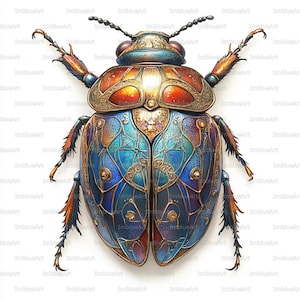 May include: A detailed illustration of a jeweled beetle. The beetle features a blue, orange, and gold color scheme with intricate patterns. The image has a white background and the beetle is centered.