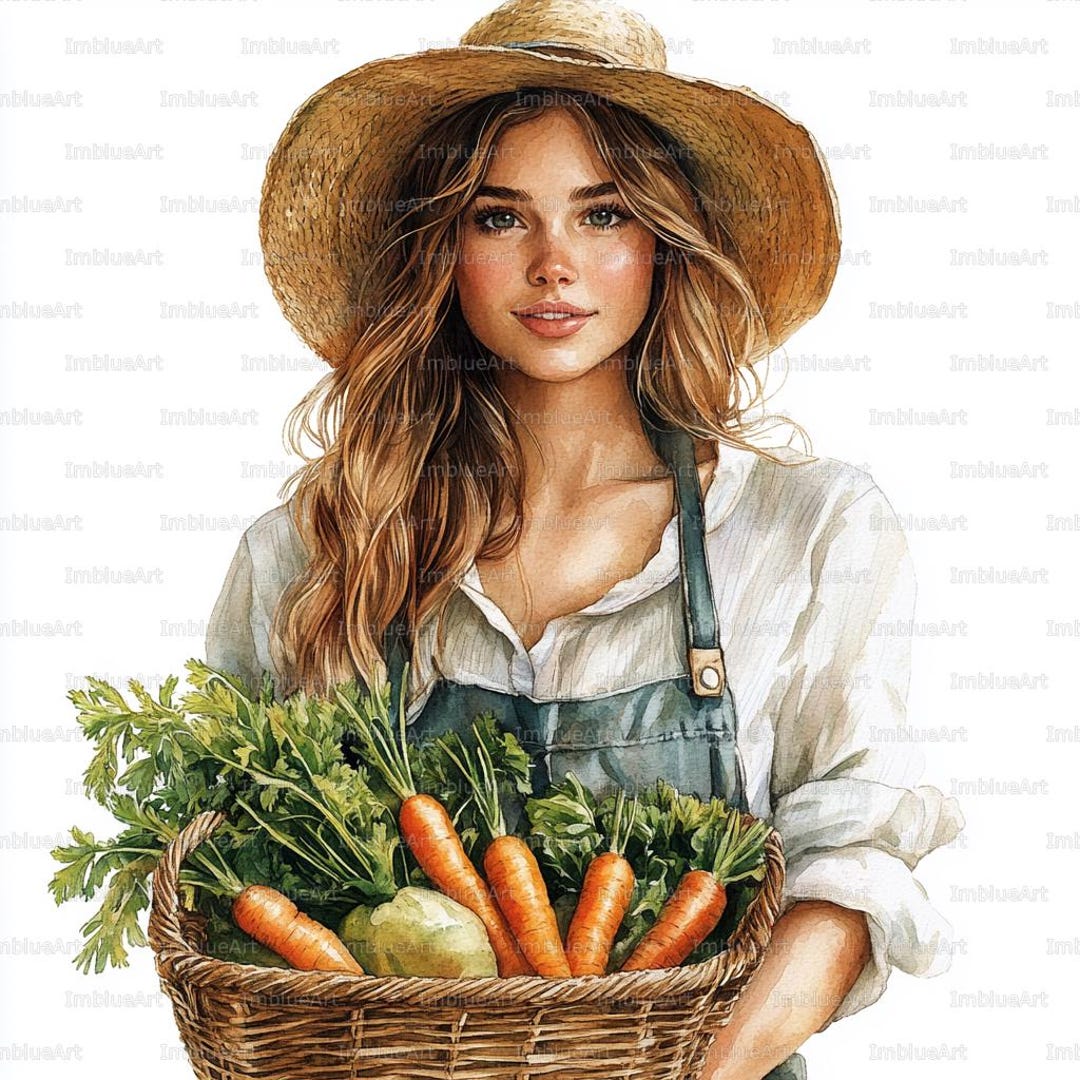 24 Farmer Woman Clipart, Woman Holding Harvest Basket Rustic Farm Scene ...