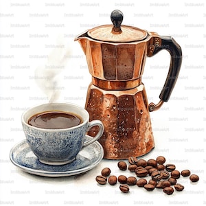 May include: Watercolor illustration of a coffee setup. A copper-colored stovetop espresso maker sits next to a blue and white patterned teacup and saucer filled with dark coffee. Coffee beans are scattered nearby, with steam rising from the cup.