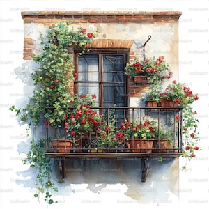 May include: Watercolor painting of a balcony with a wrought iron railing, adorned with terracotta pots overflowing with red flowers and green foliage. The balcony is attached to a brick and stucco building, with a window in the background.