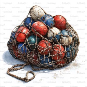 May include: A collection of weathered, spherical fishing floats in shades of red, blue, and white, contained within a thick, knotted tan rope netting. The floats appear worn with visible surface textures and are gathered into a single bundle.