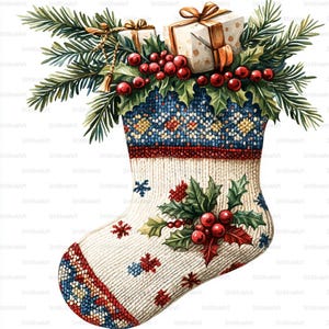 Può includere: Una calza di Natale ad acquerello piena di regali, agrifoglio e bacche. La calza è bianca con motivi rossi, blu e fiocchi di neve. Rami di pino verdi e due regali confezionati con fiocchi d'oro completano il design festivo.